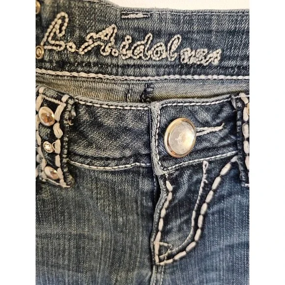 LA Idol Jeans Womans 3 blue bootcut embroidered pockets bling - Picture 3 of 9